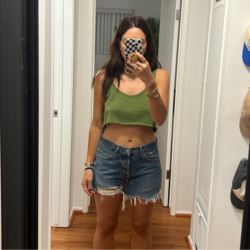 Levi's Green Crop Tank with Blue Denim Cutoff Shorts